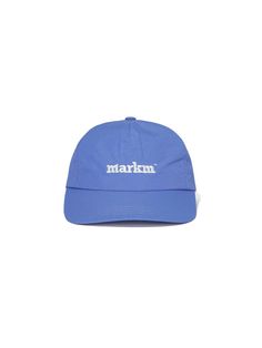 a blue hat with the words markin printed in white on it, against a white background