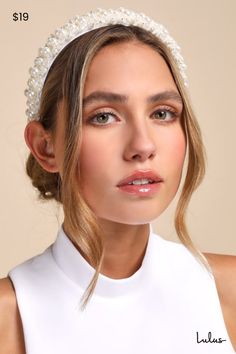 The Lulus Immaculate Icon Ivory Pearl Beaded Headband is an extra special way to create a look that everyone will love! This ultra-glamorous headband features a wide silhouette, embellished with varying sizes of gleaming faux pearls and shiny clear beaded details that create a luminous design throughout. Measure 13. 25" From End To End. 1" Wide. 80% Plastic, 15% Polyester, 3% Steel,2% Glass. Imported. Lulus | Immaculate Icon Ivory Pearl Beaded Headband. Headband Outfit, Hair Band Accessories, Beaded Headband, Sleek Hairstyles, Wide Headband, Pearl Headband, Ivory Pearl, Bridal Headband, Bridal Hair Accessories