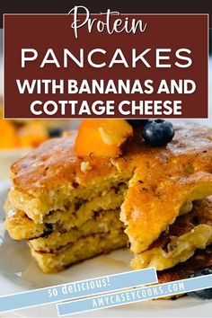 pancakes with bananas and cottage cheese are stacked on top of each other in front of the caption