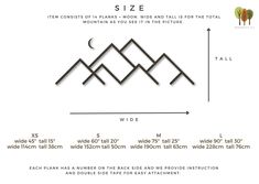 the size and measurements for an outdoor wall hanging decoration with mountains in black on a white background