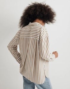 Crafted of our airy Signature Poplin, this striped button-up shirt has an oversized fit for a more relaxed vibe. Traditional design details like a patch chest pocket, drop shoulders and a shirttail hem make it a wardrobe essential..NJ590 Oversized Shirt, Personal Shopping, Madewell, Traditional Design, Wardrobe Essentials, Button Up Shirts, Button Up, Design Details, Blouses For Women