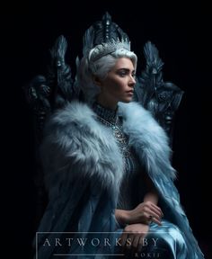 a woman sitting on top of a throne wearing a blue dress and fur stoler