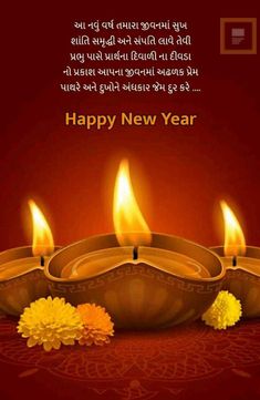 happy new year wishes in english with candles and flowers on a red background for diwaling