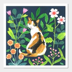 a painting of a cat sitting in the middle of flowers