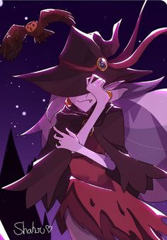 a woman wearing a witches hat and holding a bird in front of a night sky