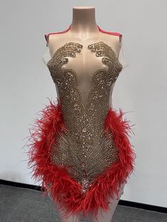 Intricate Beaded Bodice: The bodice is adorned with detailed beadwork, adding a touch of luxury and sophistication. Each bead is meticulously placed to create a stunning visual effect. Sheer Panels: Tasteful sheer panels provide an alluring glimpse of skin, balancing the dress's opulence with a modern and chic touch. Red Feather Accents: Bold red feather accents add drama and movement, ensuring you stand out in any crowd. Form-Fitting Silhouette: The bodysuit design hugs your curves, creating a Beaded Bodysuit, High Class Fashion, Bodysuit Designs, Bodysuit Dress, Red Feather, Beaded Bodice, Luxurious Fabric, Red Carpet Event, High Neckline