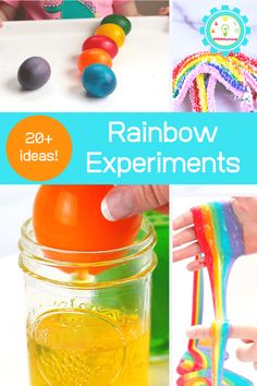 rainbow experiments for kids with text overlay that reads, 20 + ideas rainbow experiments