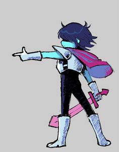 a drawing of a person with a backpack and skateboard on their back, pointing at something