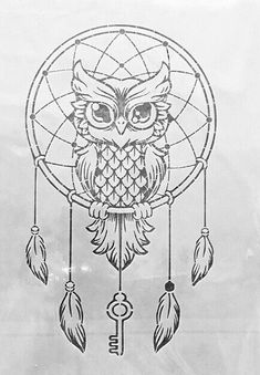 an owl sitting on a dream catcher with feathers