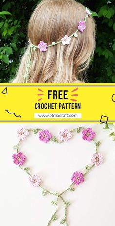 the free crochet flower headband pattern is shown with pink flowers on it