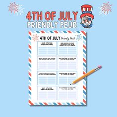 the 4th of july printable calendar is shown with a pencil on it and fireworks in the background