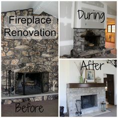 before and after pictures of a fireplace remodel