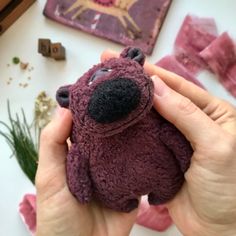 a person holding a small stuffed animal in their left hand with other items on the table behind them