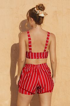 Red Stripes Square Neck Wide Straps Sporty Bikini Top And High-Waist Boy Shorts Short Set, Wide Straps, Boy Shorts, High Waisted Shorts, Short Sets, Square Neck, Adjustable Straps, High Waist, Stripes