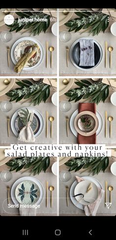 four different pictures of plates and silverware on a table with text that reads get creative with your salad dishes and napkins