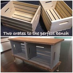 two crates to the perfect bench with wheels and drawers on each side, one is empty