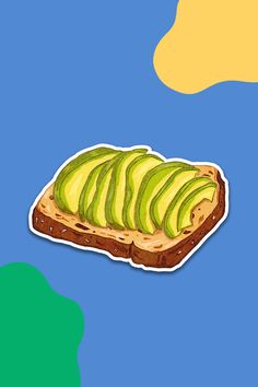 a piece of bread with sliced avocado on it, against a blue background