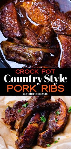 the crock pot country style pork ribs are ready to be eaten