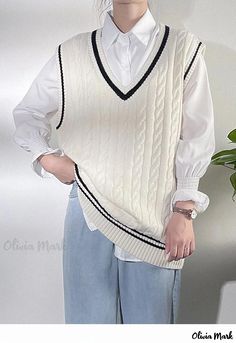 Olivia Mark - Institutional Leader Knitted Vest with Twisted Sweater Stitch, Long and Loose Sleeveless Cardigan for Outerwear Sleeveless Knitted Vest, Layered Turtleneck, Cable Knit Vest, Cable Pattern, Sleeveless Sweater Vest, Sport Sweater, Sweater Layering, Knitted Vest, Sleeveless Cardigan