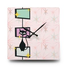 a square clock with a cat on it's face and stars in the background