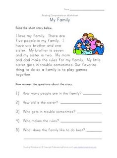 the worksheet for reading about family is shown in this page, which shows an image