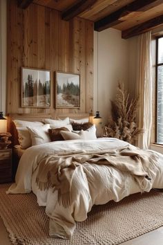 a bedroom with wood paneled walls and white bedding