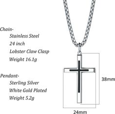 Wear your faith proudly with this men's cross necklace. This beautiful statement piece is crafted in sterling silver with 14k white gold plating and sits on a sturdy 24-inch gold plated stainless steel chain. The Black highlighted cross pendant for him showcases your faith and belief. Discover all our sleek 925 silver jewelry for men and find a gift for him HERE Made with white gold plated 925 sterling silver. Color: White Dimension: 40 mm Length: 60 cm / 23.6 Inches Chain: Box Chain with Lobste Father's Day Stainless Steel Cross Necklace, Silver Cross Pendant Necklace For Father's Day, Father's Day Silver Cross Pendant Necklace, Silver Jewelry For Men, Mens Cross Necklace, Black Highlights, Mens Crosses, Jewelry For Men, Silver 925 Necklace