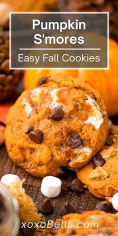 pumpkin s'mores cookies with marshmallows and chocolate chips