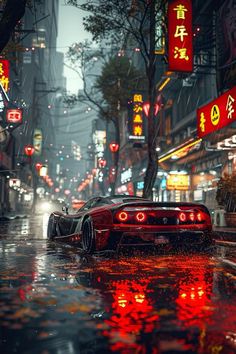 a red sports car driving down a street in the rain with chinese characters on it