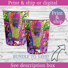 two large coffee cups with the text print and ship or digital on them for sale