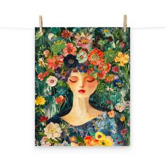 a woman with flowers in her hair hanging on a clothes line