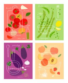 four posters with different types of food on them, each featuring vegetables and fruits in the same color scheme