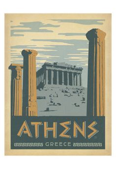 an old poster with the words athens in front of some columns and buildings