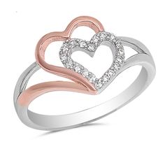 A Personalized Ring Perfect for Valentine's Day - Sterling Silver Dual Tone Double Heart Ring - http://www.forevergifts.com/sterling-silver-dual-tone-double-heart-ring/ Engraved Promise Rings, Promise Rings Simple, Rose Gold Band Ring, Double Heart Ring, Heart Promise Rings, Silver Plated Jewelry, Double Heart, White Jewelry, Women Diamond