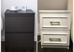 two pictures side by side, one with a drawer and the other has a cup on it