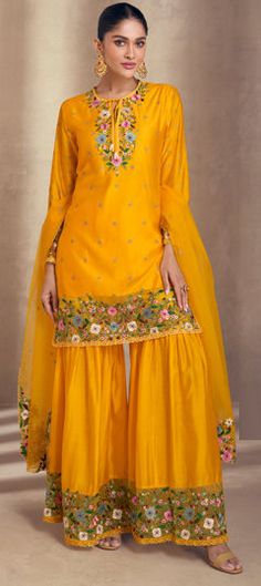 Yellow color Salwar Kameez in Georgette, Silk fabric with Embroidered, Resham, Thread work Yellow Kurta With Intricate Embroidery For Wedding, Wedding Yellow Kurta With Intricate Embroidery, Yellow Unstitched Suit With Resham Embroidery For Wedding, Yellow Wedding Kurta With Intricate Embroidery, Embroidered Yellow Palazzo Set For Wedding, Unstitched Suit With Dori Work For Eid Reception, Yellow Chanderi Churidar With Intricate Embroidery, Yellow Unstitched Suit With Intricate Embroidery For Wedding, Yellow Palazzo Set With Intricate Embroidery For Diwali