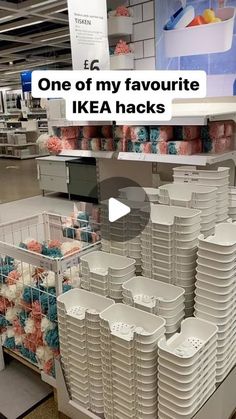 there is a large stack of plastic dishes in the store with text overlay that reads, one of my favorite ikea hacks