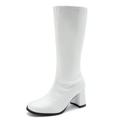 PRICES MAY VARY. Retro Women's Go-Go Boot/Mid Calf Boots /Patent Leather Boots WHITE GOGO BOOTS: Manmade PU upper, soft breathable lining, non-slip rubber outsole, sturdy block heels easy to walk in. GO GO BOOTS: Featuring square toe, block chunky heel, built-in zipper for easy switching, comfortable knee high gogo boots. WOMEN MID CALF BOOTS: Heel height: 7CM/2.76", boot opening girth: 13" around, shaft height: 46CM/18.11" from arch. DISCO COSTUMES FOR WOMEN: Christmas costume parties, cosplay Disco Costume For Women, White Gogo Boots, Events Theme, Go Go Boots, Costume Boots, Boots Heel, Patent Leather Boots, Costume Parties, Boots White