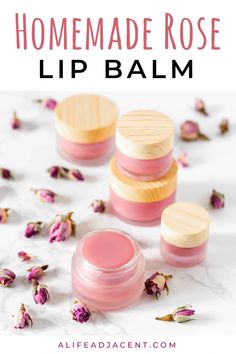 Learn how to make homemade rose lip balm scented with the luxurious fragrance of fresh roses. Not only does this tinted rose lip balm look lovely, but it’s also wonderfully moisturizing for dry lips. It’s rich, smooth and glossy with just a hint of soft pink tint. This recipe is also incredibly easy to make! Made with natural ingredients like shea butter and coconut oil. Choose to fragrance your DIY lip balm with rose wax, essential oils or rose petals. #lipbalm #diylipbalm | ALifeAdjacent.com Rose Salve, Lip Balm Diy, Homemade Body Care, Rose Lip Balm, Rose Lip, Lip Balm Recipes