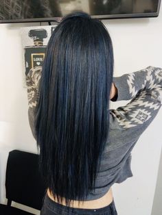 Blue Hair Highlights Straight Hair, Blue Over Black Hair, Dark Blue With Black Hair, Asian Blue Black Hair, Black Hair With Hint Of Blue, Back And Blue Hair, Blue Black Hair With Blue Highlights, Blue Hair On Dark Hair, Deep Blue Black Hair