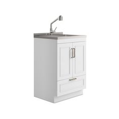 a white bathroom sink sitting under a faucet next to a cabinet with drawers