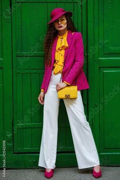 Stock Image: Outdoor full body portrait of young beautiful fashionable woman wearing trendy, colorful clothes, stylish accessories, posing near the green door. Female fashion concept Polo Match Outfit, Full Body Portrait, Body Portrait, Colorful Clothes, Green Door, Beautiful Color Combinations, Pink Outfits, Young And Beautiful, Female Fashion