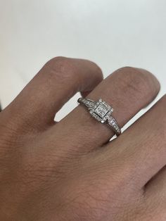 Vintage Ring, 0.20 CT Princess cut Natural Diamond, 10k White Gold, Estate jewelry, jewelry gift for her, Dainty Vintage Ring, elegant ring Jewelry Material: White Gold 10k (the gold has been tested by a professional) Total Carat Weight: 0.17ct (Approx.) Total Metal Weight: 2.17g Size: 6.25 US\ EU 52 \ Diameter 16.70mm (inner diameter) Grading Results: Stone Type: Diamond Shape: Princess Carat: 0.04ct (Approx.), Stones quantity:4 Color: G Clarity:SI2  Grading Results: Stone Type: Diamond Shape: Fine Jewelry Diamond Ring With Baguette Cut For Promise, Fine Jewelry Baguette Cut Diamond Promise Ring, Princess Cut Diamond Halo Ring For Gift, Princess Cut Promise Rings With Diamond Accents, Princess Cut Diamond Halo Ring As Gift, Asscher Cut Diamond Accents Promise Ring, Baguette Cut Diamond Promise Ring, Diamond White Emerald Cut Cluster Ring For Promise, 14k White Gold Princess Cut Diamond Ring