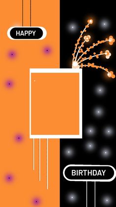 an orange and black birthday card with fireworks in the sky, on top of a sign that says happy