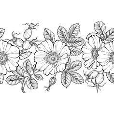 black and white drawing of flowers with leaves