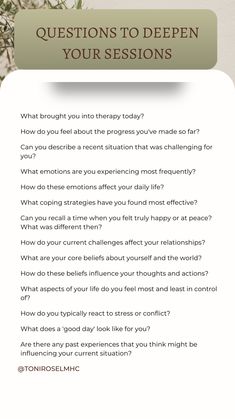 This comprehensive list is an essential tool for anyone in the field of therapy, including LCSWs, counselors, and coaches. Perfect for clinical supervision and clinical development, these questions are designed to enrich sessions using various therapeutic approaches like CBT, DBT, and ACT. Enhance your practice and empower your clients with these insightful tools for clinicians. Dive into the heart of counseling and coaching with questions that unlock deeper understanding and growth. Open Questions Counselling, Counseling Questions To Ask, Initial Therapy Session Questions, Therapy Processing Questions, Group Therapy Discussion Questions, Questions To Ask Clients In Therapy, What Is Cbt Therapy, Counseling Intake Questions, Resistant Clients In Therapy