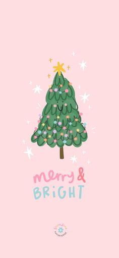 a merry and bright christmas tree on a pink background