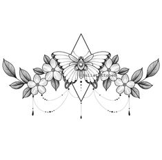 a tattoo design with flowers and leaves on the back of it, in black and white