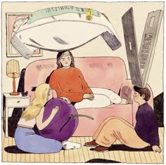 a drawing of three women sitting on a pink couch talking to each other in the living room