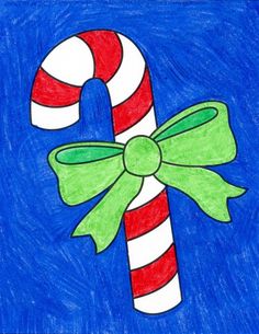 a drawing of a candy cane with a green bow on it's side and blue background